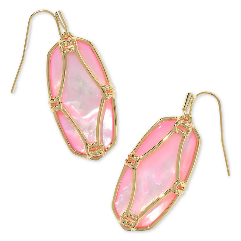 Pink mother-of-pearl drop earrings with gold-tone metal accents and hook fastenings.