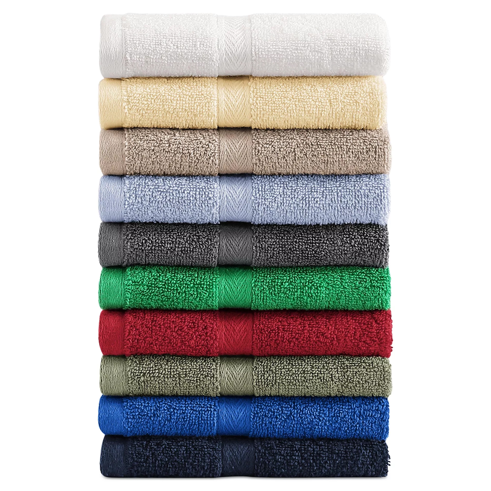 A stack of neatly folded towels in various colors, including white, cream, beige, light blue, gray, green, red, olive, royal blue, and navy blue.