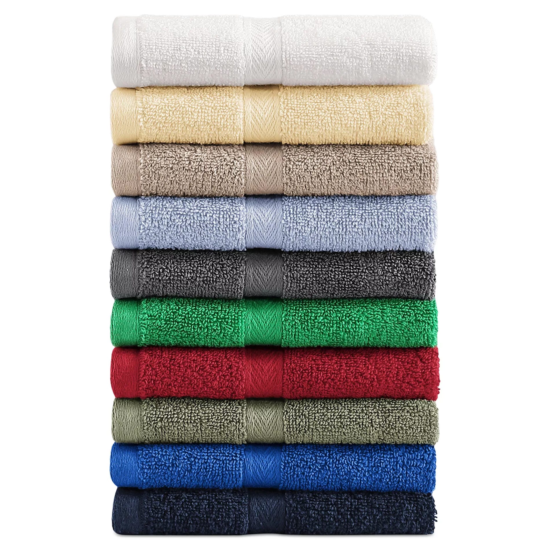 A stack of neatly folded towels in various colors, including white, cream, beige, light blue, gray, green, red, olive, royal blue, and navy blue.