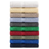 A stack of neatly folded towels in various colors, including white, cream, beige, light blue, gray, green, red, olive, royal blue, and navy blue.