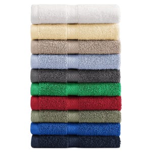 A stack of neatly folded towels in various colors, including white, cream, beige, light blue, gray, green, red, olive, royal blue, and navy blue.