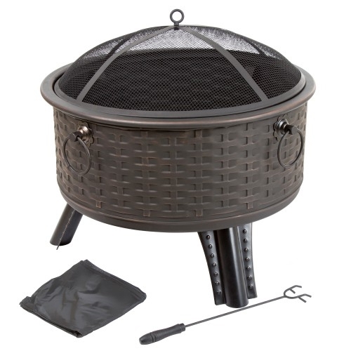 A round metal fire pit with a woven design features a mesh cover, sturdy legs, and side handles. It includes a poker tool and a protective cover.