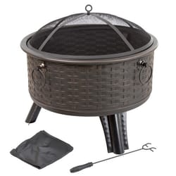 A round metal fire pit with a woven design features a mesh cover, sturdy legs, and side handles. It includes a poker tool and a protective cover.
