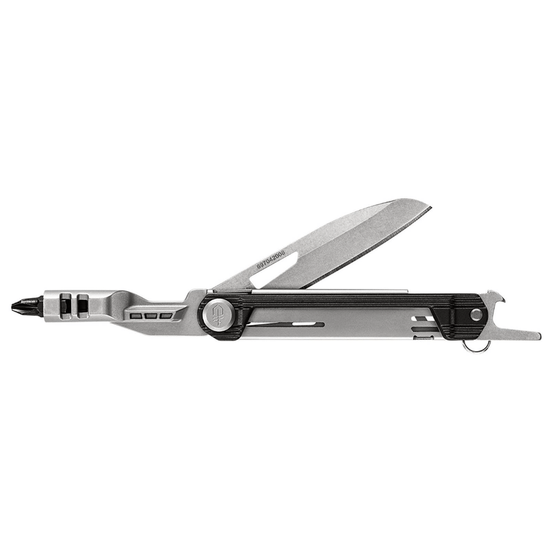 This is a Gerber Armbar multitool with an extended knife blade and a bit driver on the other end, featuring various tools built into a compact frame.