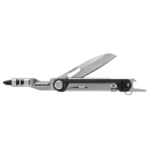 This is a Gerber Armbar multitool with an extended knife blade and a bit driver on the other end, featuring various tools built into a compact frame.