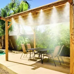A wooden pergola with a misting system installed, positioned over a patio area with a table and chairs, near a swimming pool.