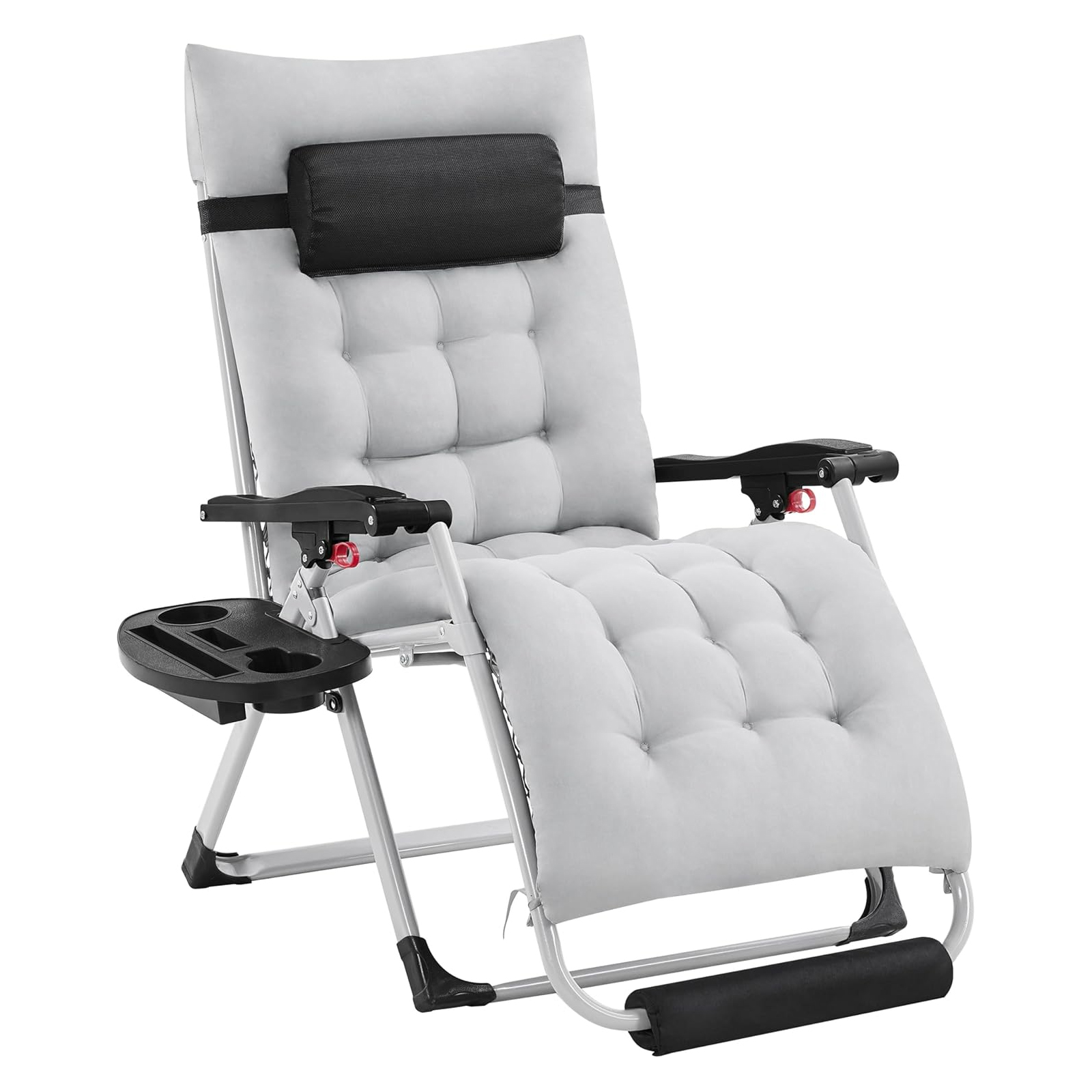 Padded Zero Gravity Chair with a light gray, tufted fabric, black headrest, and a side tray for holding drinks and accessories. Features adjustable reclining positions and sturdy metal frame.