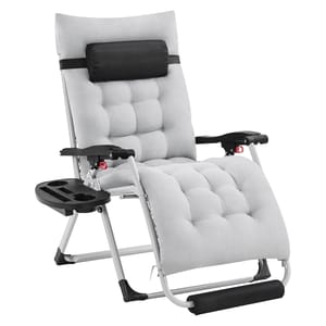 Padded Zero Gravity Chair with a light gray, tufted fabric, black headrest, and a side tray for holding drinks and accessories. Features adjustable reclining positions and sturdy metal frame.