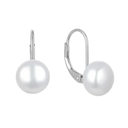 Silver leverback earrings with round white pearls.