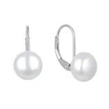 Silver leverback earrings with round white pearls.