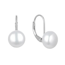 Silver leverback earrings with round white pearls.