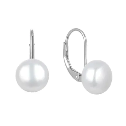 Silver leverback earrings with round white pearls.