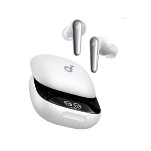 Soundcore Liberty 4 Pro Earbuds are wireless, white with a sleek design, featuring in-ear tips and a compact charging case with a digital display for battery levels.