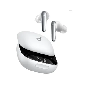 Soundcore Liberty 4 Pro Earbuds are wireless, white with a sleek design, featuring in-ear tips and a compact charging case with a digital display for battery levels.