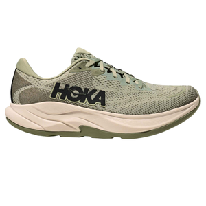 Hoka running shoe with a light green and beige color scheme, featuring a mesh upper and cushioned midsole.