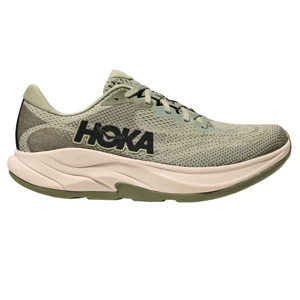 Hoka running shoe with a light green and beige color scheme, featuring a mesh upper and cushioned midsole.