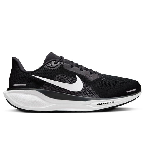 A black Nike running shoe with a white swoosh logo and a thick sole featuring Air Zoom technology.