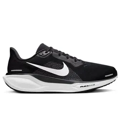 A black Nike running shoe with a white swoosh logo and a thick sole featuring Air Zoom technology.