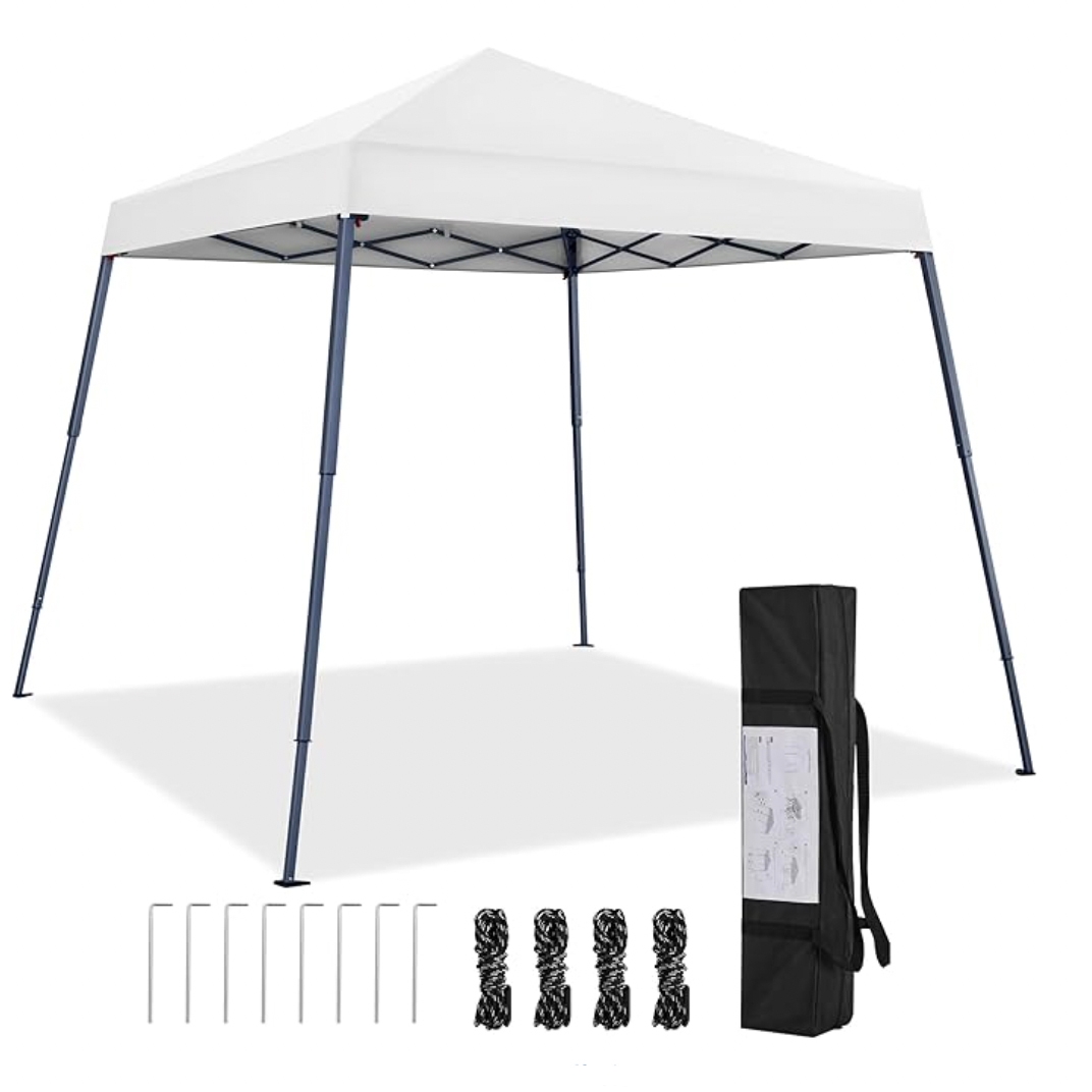 A 10' x 10' white canopy with blue legs, including stakes and tie-downs for stability, and a black carrying bag for transport.