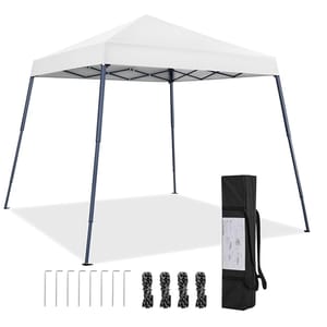 A 10' x 10' white canopy with blue legs, including stakes and tie-downs for stability, and a black carrying bag for transport.