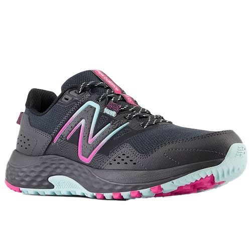 A New Balance running shoe featuring a dark gray and pink color scheme with a light blue sole and black laces.