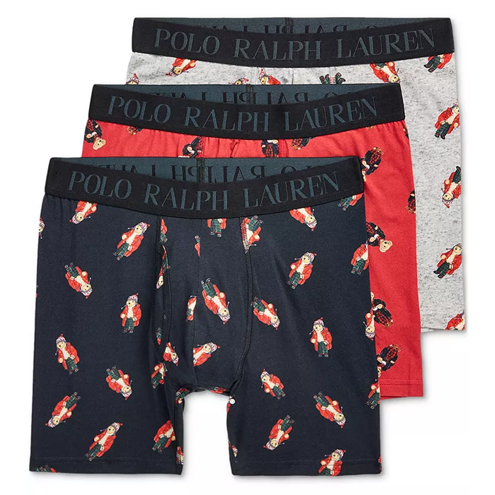 A 3-pack of Polo Ralph Lauren boxer briefs featuring a bear print design, available in navy, red, and gray. The waistband is branded with \“POLO RALPH LAUREN.\“