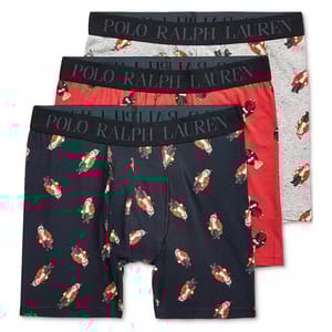 A 3-pack of Polo Ralph Lauren boxer briefs featuring a bear print design, available in navy, red, and gray. The waistband is branded with \“POLO RALPH LAUREN.\“