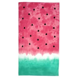 An oversized beach towel designed to resemble a watermelon, featuring a red section with black seeds, transitioning to a white band, and ending with a green base.