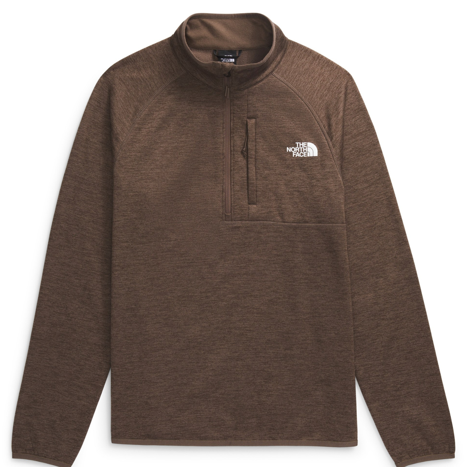 Brown long-sleeve North Face pullover with a quarter-zip design and a chest logo.