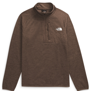 Brown long-sleeve North Face pullover with a quarter-zip design and a chest logo.
