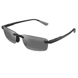 A pair of sleek, rimless black sunglasses with gray tinted lenses and subtle branding on the temples.