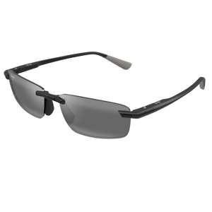 A pair of sleek, rimless black sunglasses with gray tinted lenses and subtle branding on the temples.