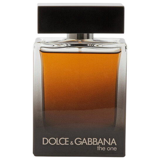 Dolce & Gabbana The One perfume bottle with amber-colored liquid and a sleek black cap.