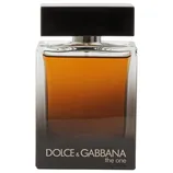 Dolce & Gabbana The One perfume bottle with amber-colored liquid and a sleek black cap.