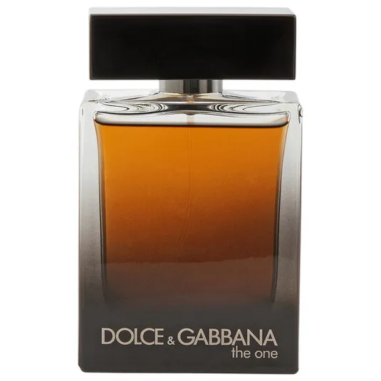 Dolce & Gabbana The One perfume bottle with amber-colored liquid and a sleek black cap.