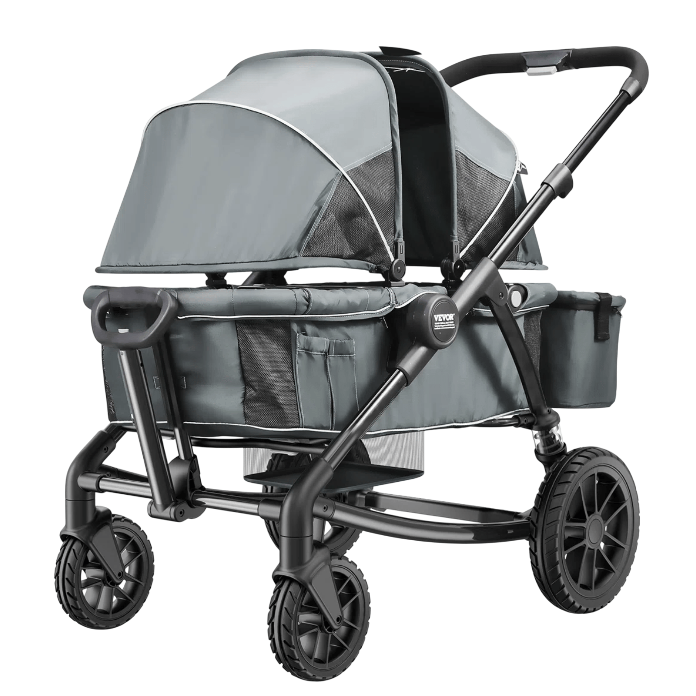 A gray, four-wheeled pet stroller with a mesh canopy, adjustable handle, and storage pockets, designed for transporting pets comfortably.