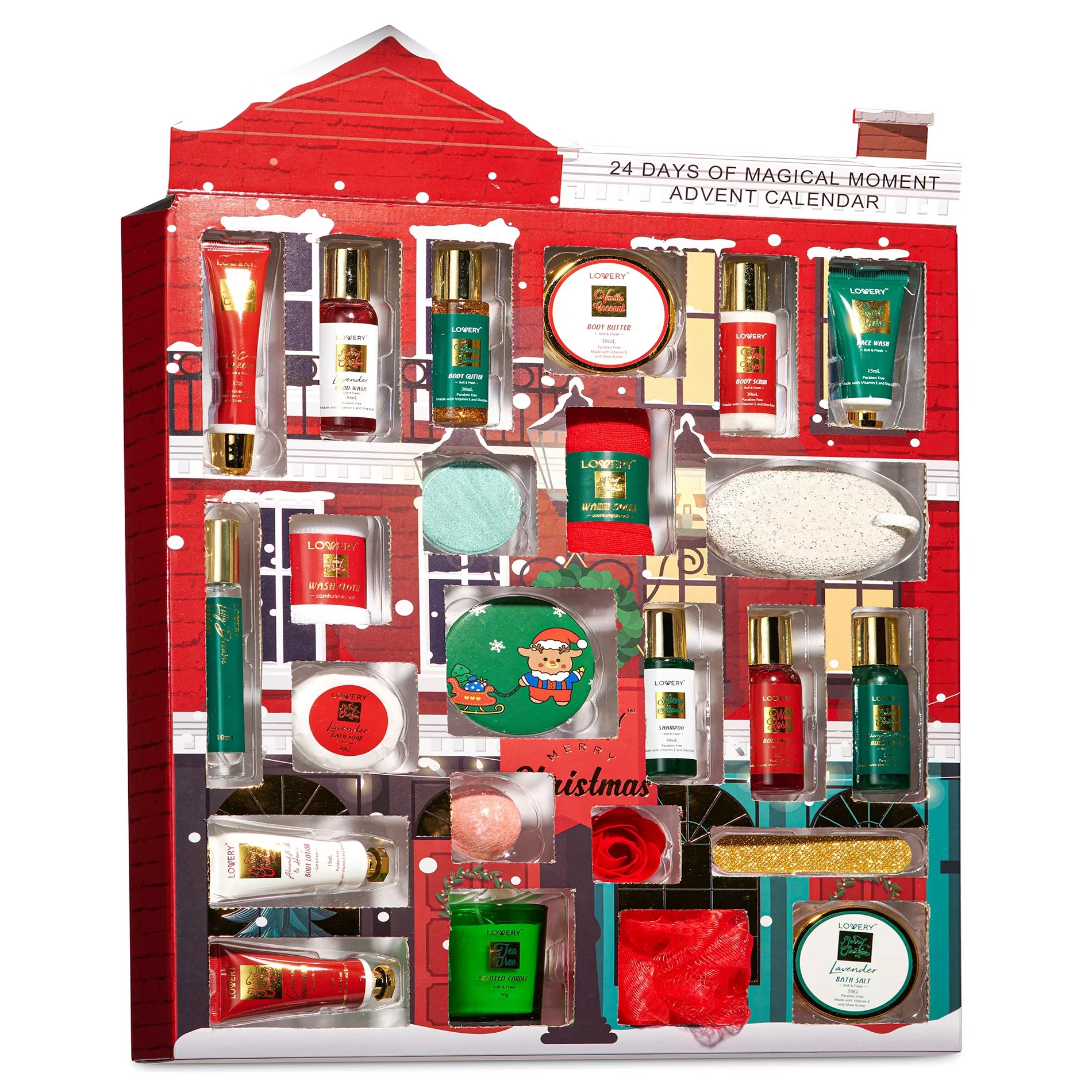 Advent calendar featuring a variety of bath and body products, including lotions, bath salts, candles, and bath fizzers, in festive packaging.