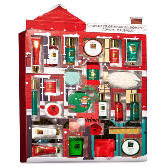 Advent calendar featuring a variety of bath and body products, including lotions, bath salts, candles, and bath fizzers, in festive packaging.