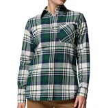 A green and white plaid flannel shirt with a chest pocket and brown buttons, paired with brown pants.