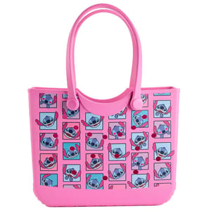 Pink waterproof tote bag featuring a grid of cartoon characters. The characters have a playful expression and blue and purple tones.
