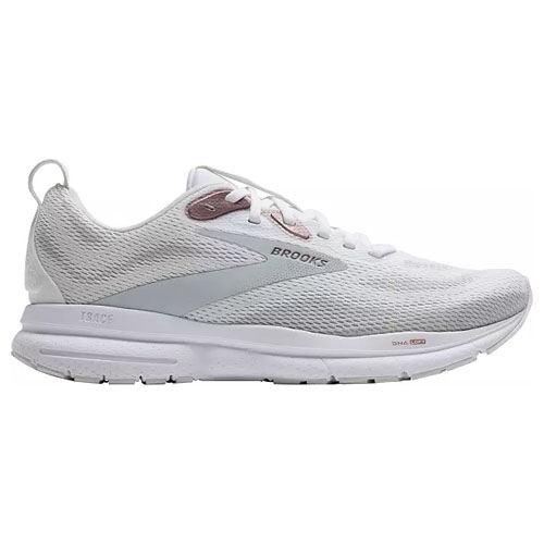 White running shoe with mesh upper, featuring a gray stripe and branding on the side, along with a cushioned sole.