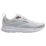 White running shoe with mesh upper, featuring a gray stripe and branding on the side, along with a cushioned sole.