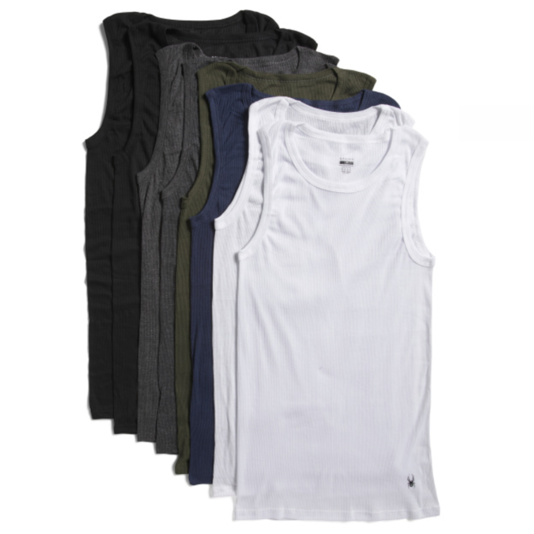 8-pack of Spyder tank tops in assorted colors, including black, grey, olive green, navy, and white, perfect for casual or athletic wear.