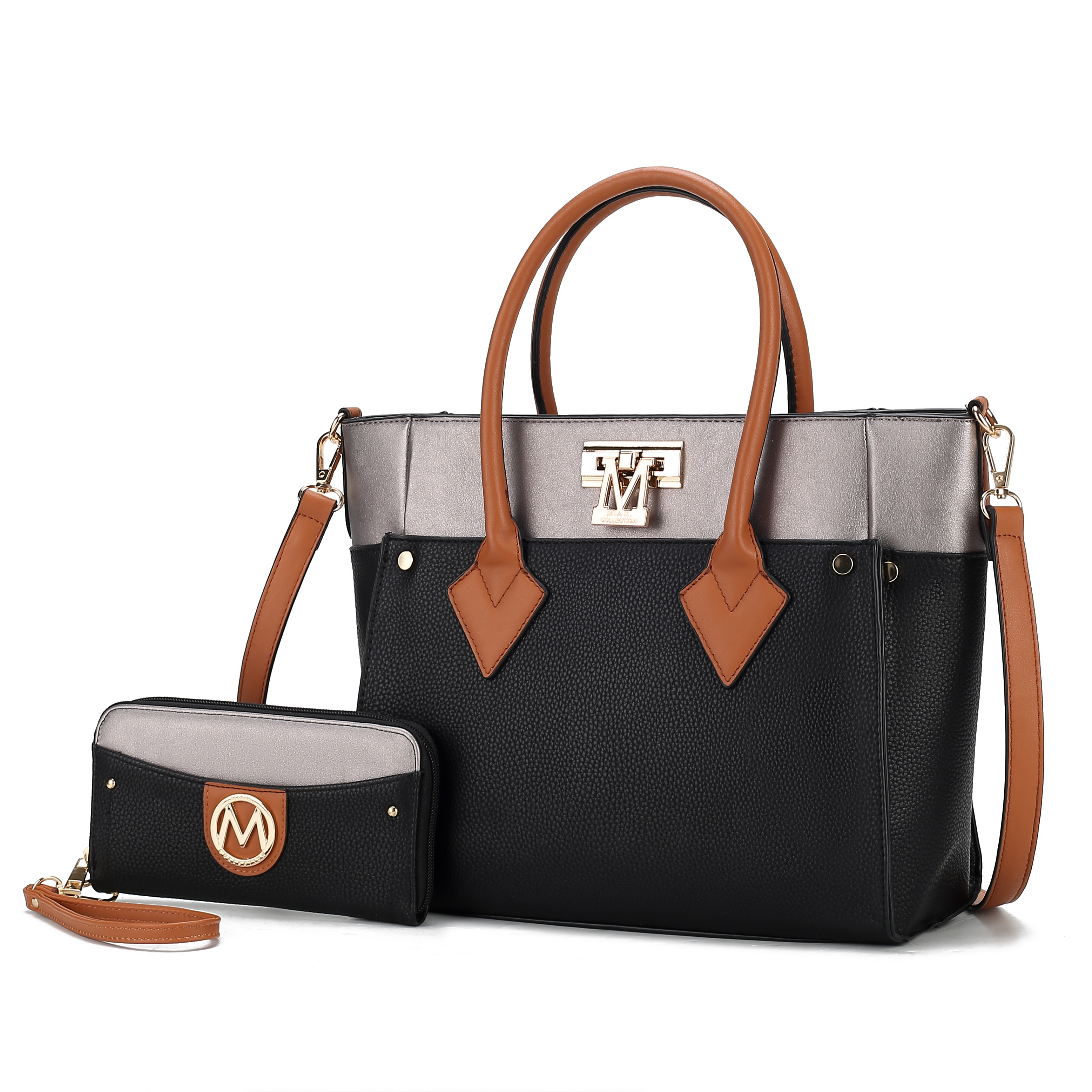 A black tote bag with brown handles and a matching clutch, both adorned with a metallic logo.