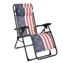 A folding chair featuring a design with stars and stripes in a pattern resembling the American flag, equipped with armrests and an adjustable headrest.