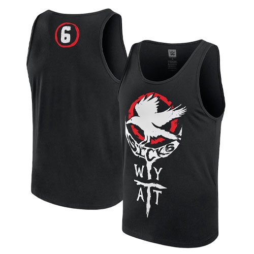 Black tank top featuring a graphic of a crow with \“WYATT\“ and \“6\“ text, along with a red circle and number 6 on the back.