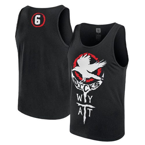 Black tank top featuring a graphic of a crow with \“WYATT\“ and \“6\“ text, along with a red circle and number 6 on the back.