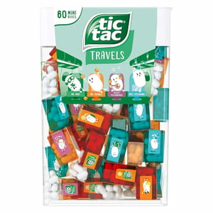 Tic Tac Travels 60 Mini Box Set features assorted flavors in colorful mini boxes: Mr. Mint, Mr. Orange, Peachy Passionfruit, and Mrs. Spearmint.