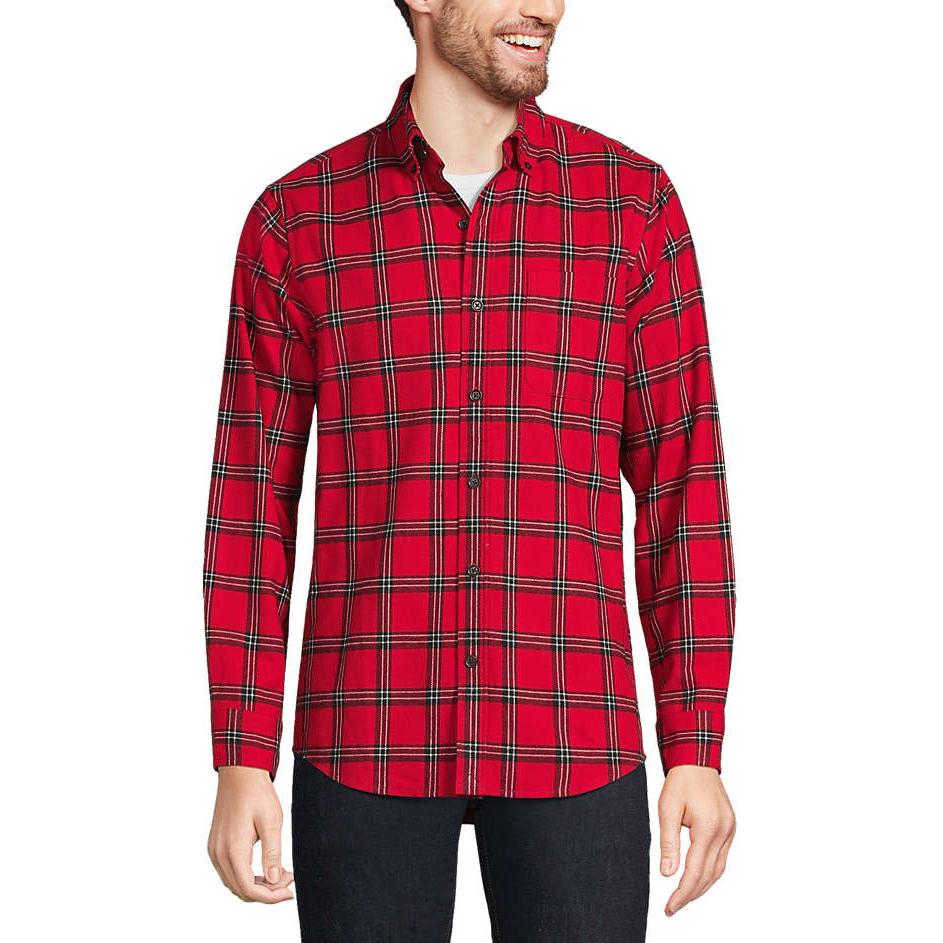 A red plaid button-up flannel shirt with long sleeves, featuring a traditional fit. It's worn over a white undershirt and paired with black pants.