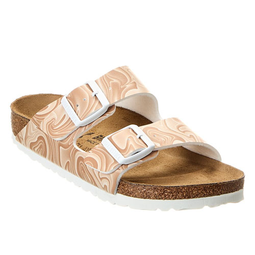 A sandal with two adjustable marbled straps featuring white buckles, a cork footbed, and a white sole, combining comfort and style.